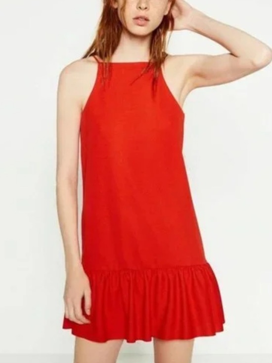 Zara Dresses & Skirts - Zara Women’s Red Ruffle Hem Square Neck Drop Skirt Sleeveless Mini Dress Medium